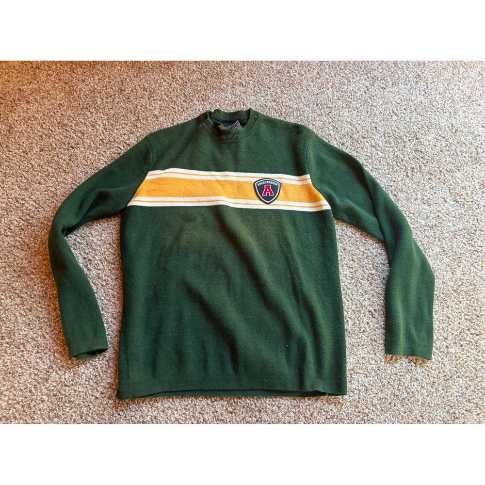 Abercrombie Mens Vintage Crewneck Sweater Green Varsity Stripe Shield Patch XL